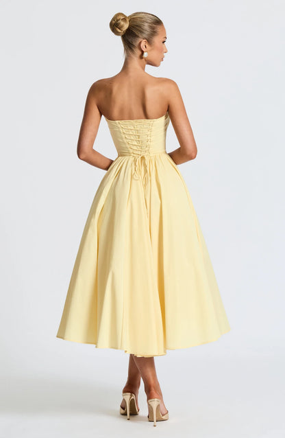 Elegant A-Line Strapless Corset Bow Layers Lemon Yellow Midi Prom Dress