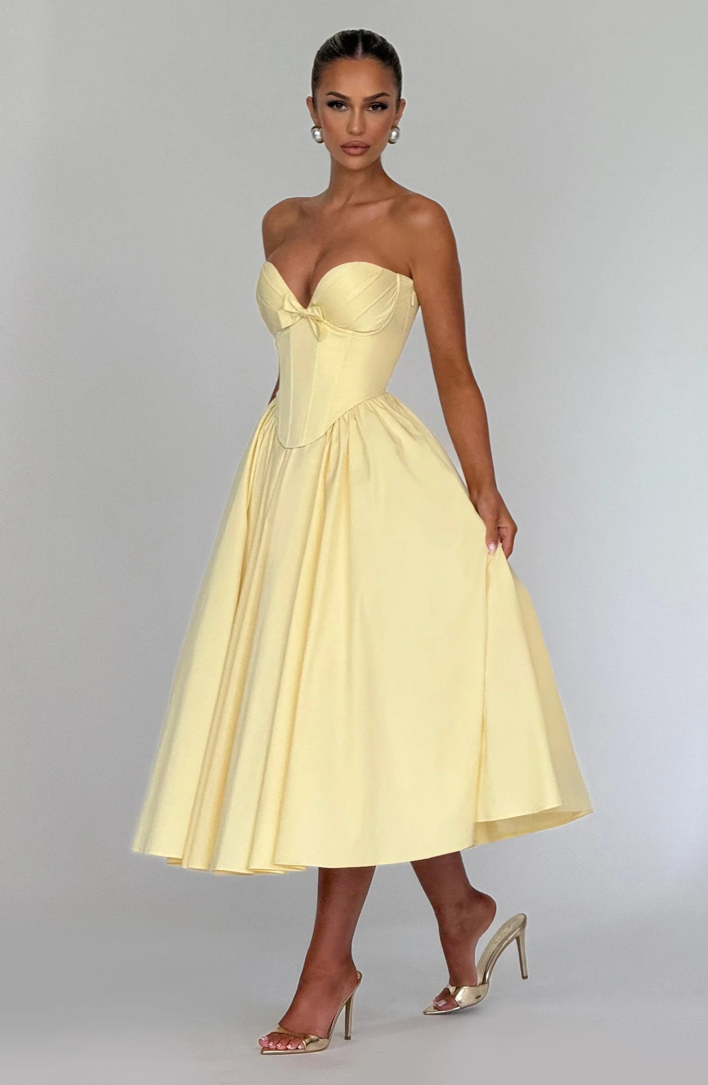 Elegant A-Line Strapless Corset Bow Layers Lemon Yellow Midi Prom Dress