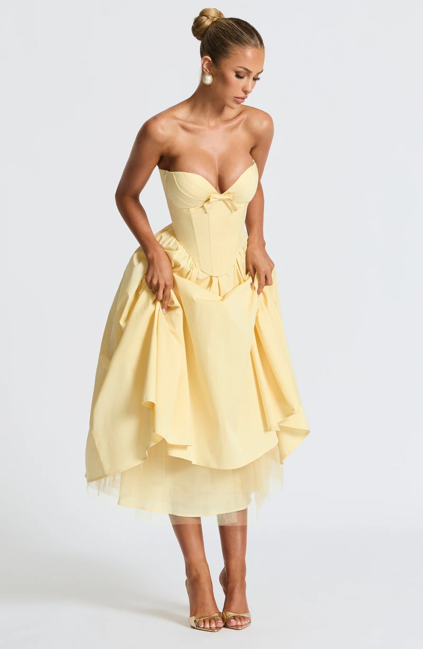 Elegant A-Line Strapless Corset Bow Layers Lemon Yellow Midi Prom Dress