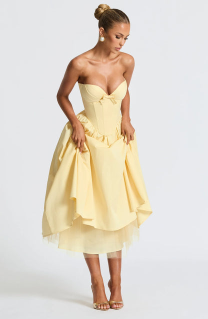 Elegant A-Line Strapless Corset Bow Layers Lemon Yellow Midi Prom Dress