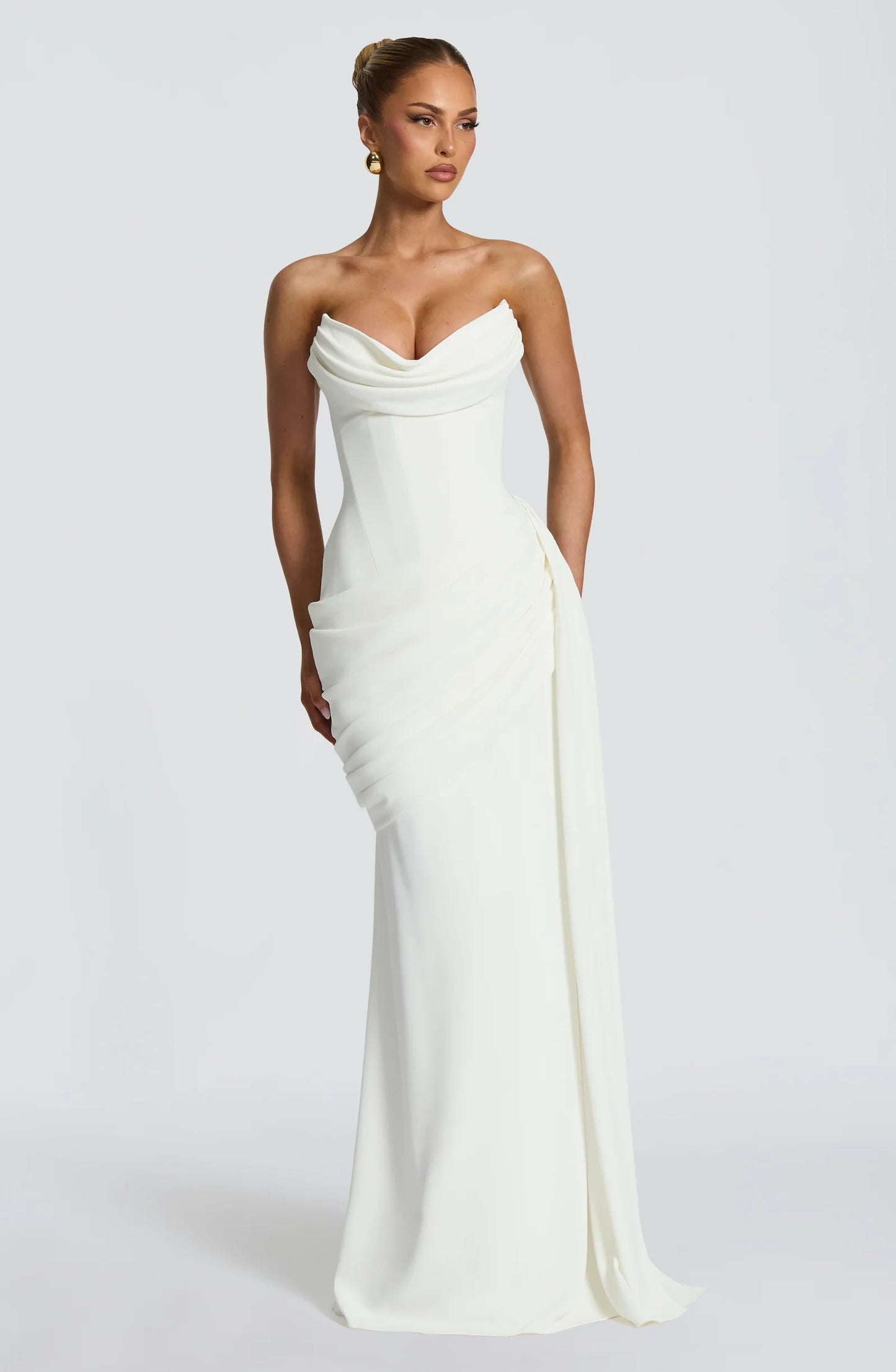 Elegant A-Line Strapless Corset Ruched Ivory Floor-Length Prom Dress With Streamer