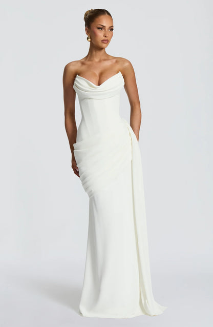 Elegant A-Line Strapless Corset Ruched Ivory Floor-Length Prom Dress With Streamer