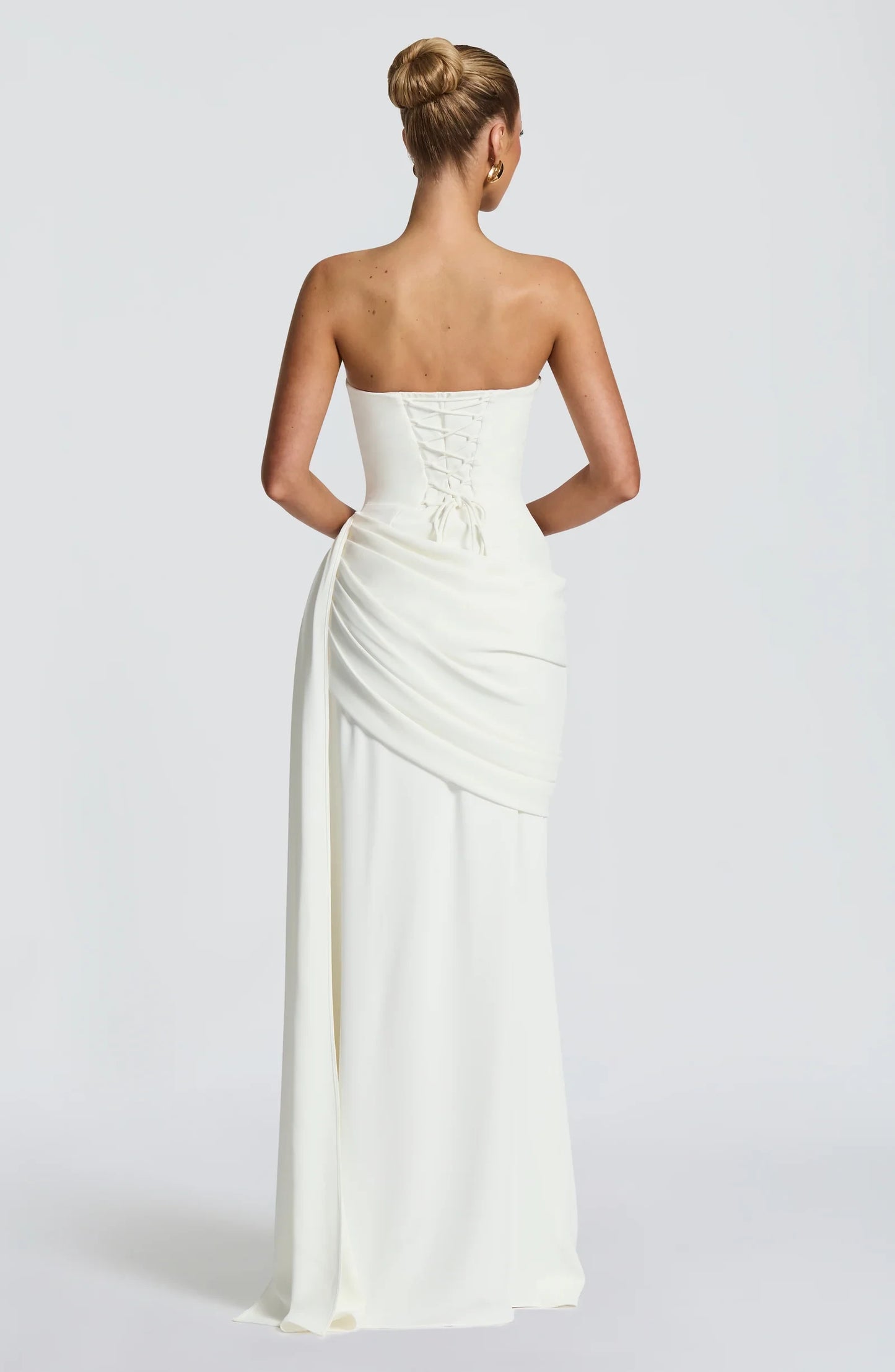 Elegant A-Line Strapless Corset Ruched Ivory Floor-Length Prom Dress With Streamer