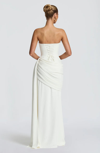 Elegant A-Line Strapless Corset Ruched Ivory Floor-Length Prom Dress With Streamer