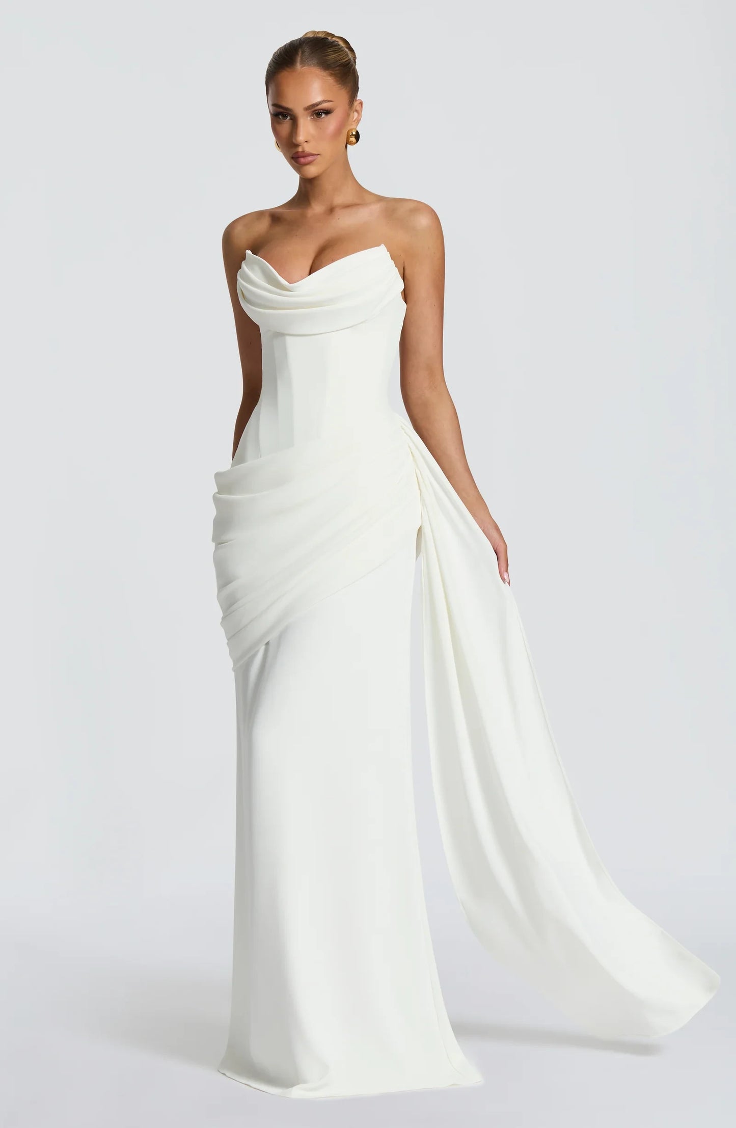 Elegant A-Line Strapless Corset Ruched Ivory Floor-Length Prom Dress With Streamer