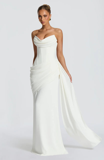 Elegant A-Line Strapless Corset Ruched Ivory Floor-Length Prom Dress With Streamer
