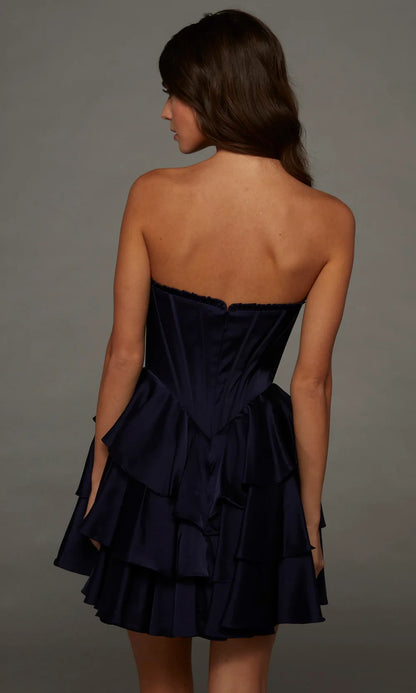 Elegant A-Line Strapless Corset Tiered Ruffled Satin Navy Blue Mini Homecoming Dress