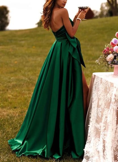 Elegant A-Line Strapless High Slit Bow-Accent Emerald Green Floor-Length Prom Dress