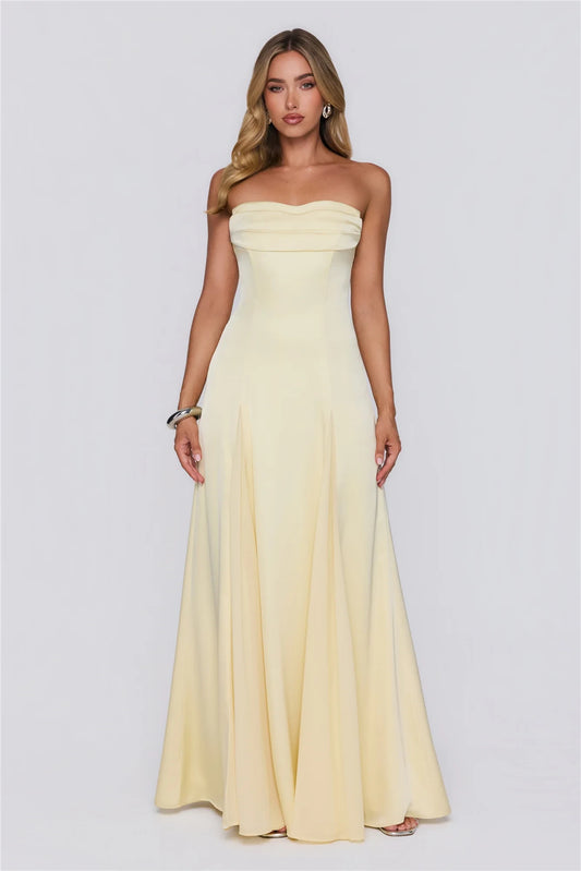 Elegant A-Line Strapless Pleated Lace-Up Satin Light Yellow Floor-Length Prom Dress