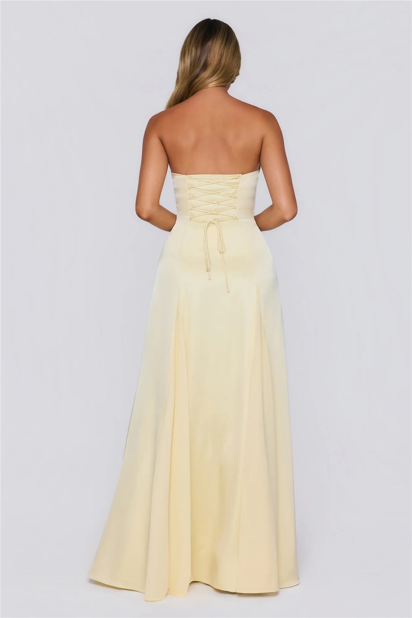 Elegant A-Line Strapless Pleated Lace-Up Satin Light Yellow Floor-Length Prom Dress