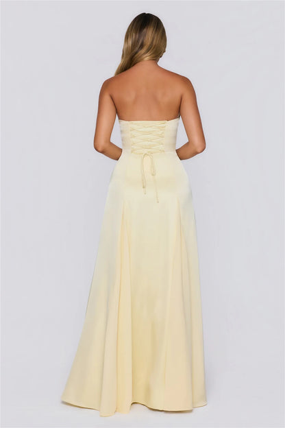 Elegant A-Line Strapless Pleated Lace-Up Satin Light Yellow Floor-Length Prom Dress