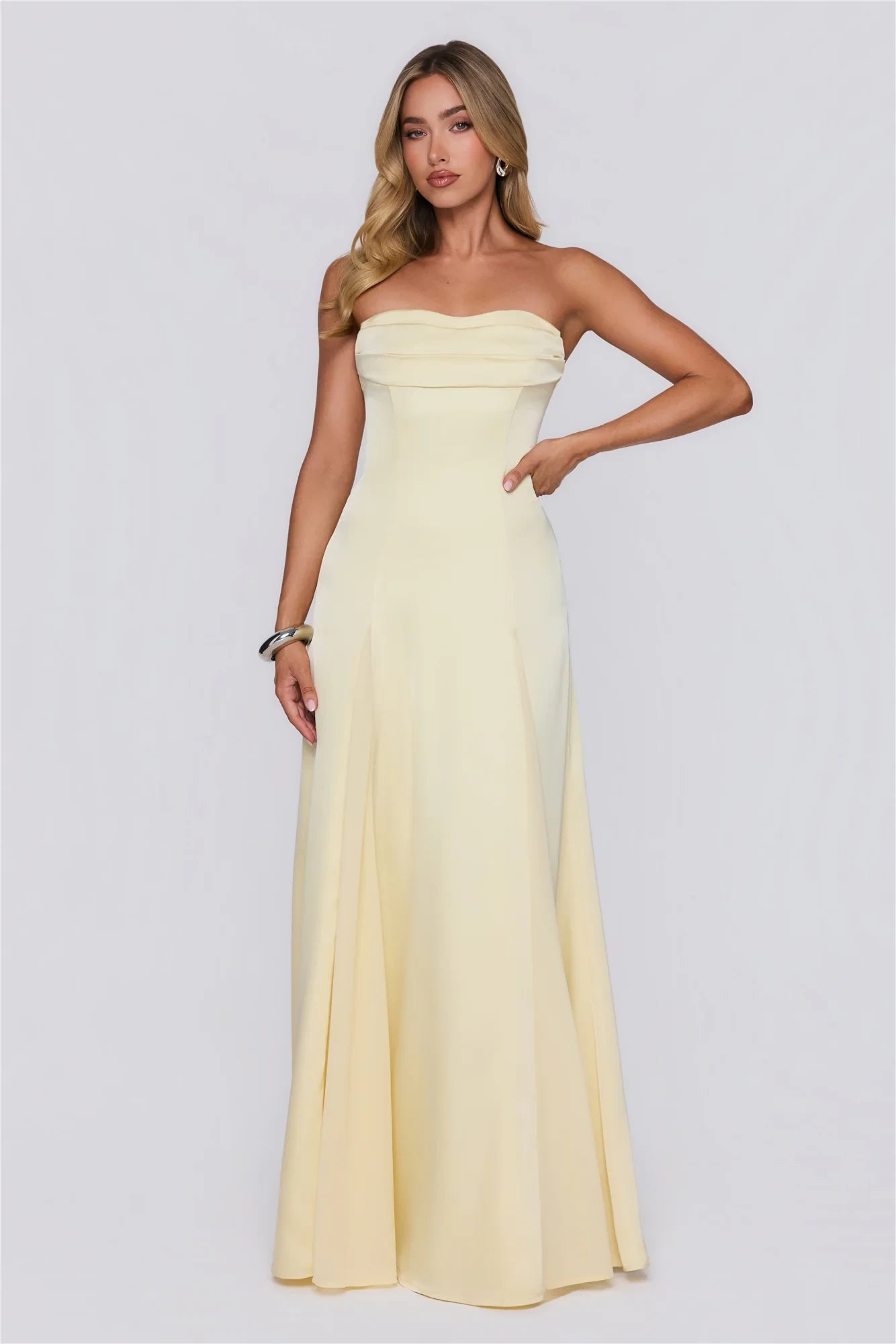 Elegant A-Line Strapless Pleated Lace-Up Satin Light Yellow Floor-Length Prom Dress