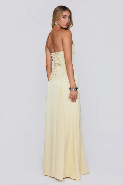 Elegant A-Line Strapless Pleated Lace-Up Satin Light Yellow Floor-Length Prom Dress