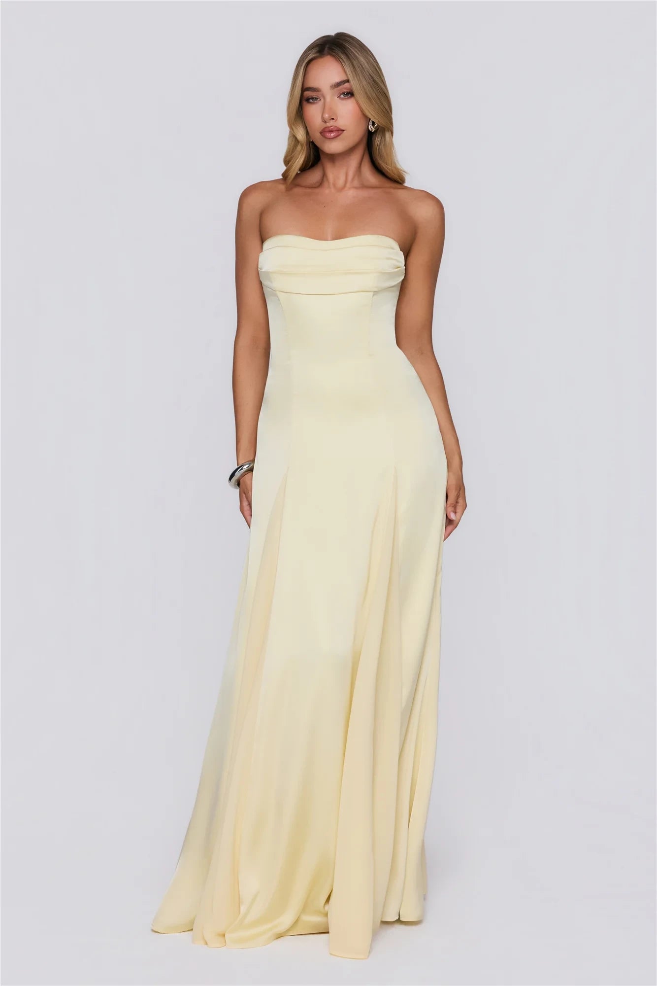 Elegant A-Line Strapless Pleated Lace-Up Satin Light Yellow Floor-Length Prom Dress