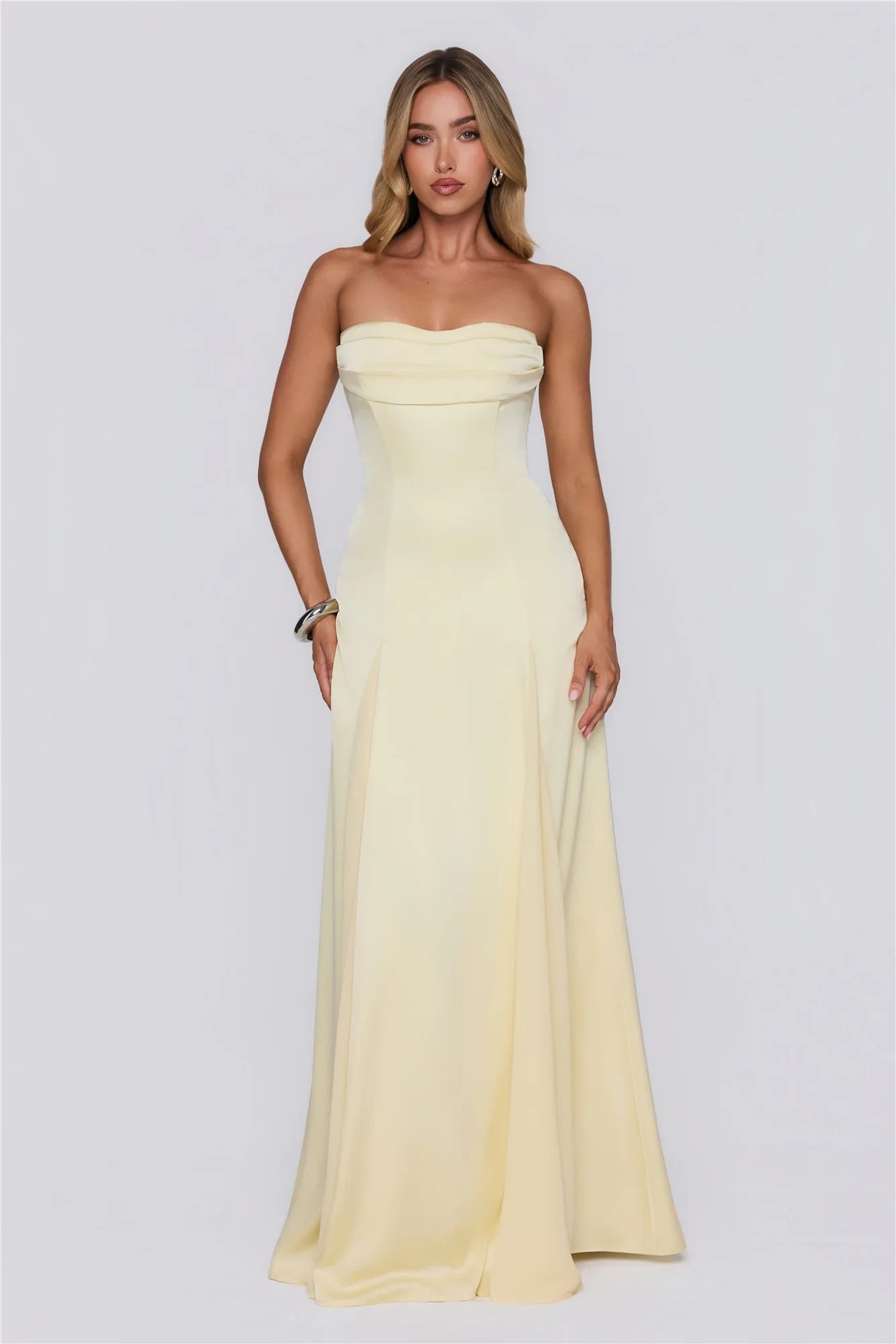 Elegant A-Line Strapless Pleated Lace-Up Satin Light Yellow Floor-Length Prom Dress