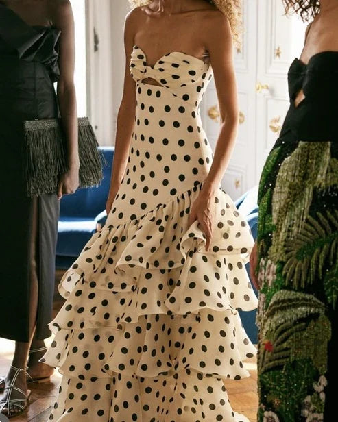 Elegant A-Line Strapless Polka Dot Ruffled Cream Floor-Length Evening Dress