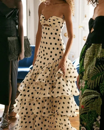 Elegant A-Line Strapless Polka Dot Ruffled Cream Floor-Length Evening Dress