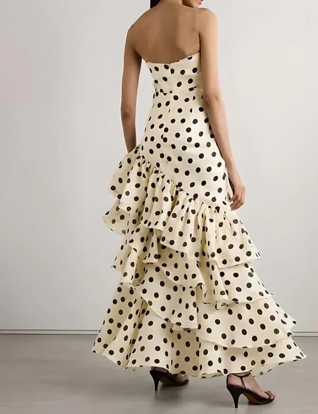 Elegant A-Line Strapless Polka Dot Ruffled Cream Floor-Length Evening Dress