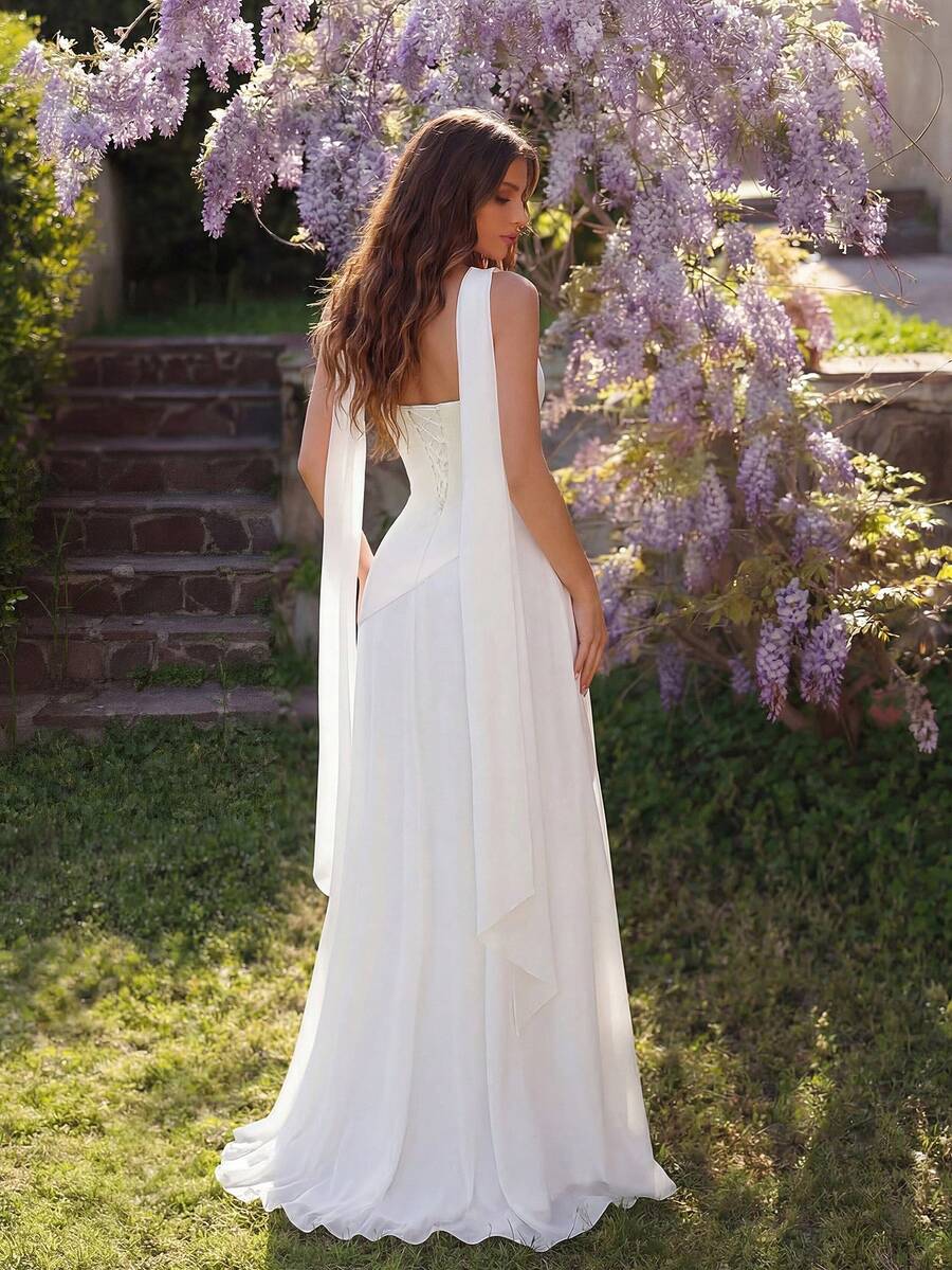 Elegant A-Line Strapless Ruched Draped White Floor-Length Homecoming Dress With Scarf