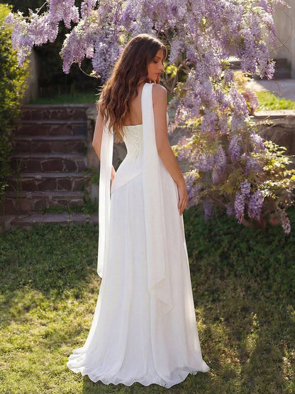 Elegant A-Line Strapless Ruched Draped White Floor-Length Homecoming Dress With Scarf