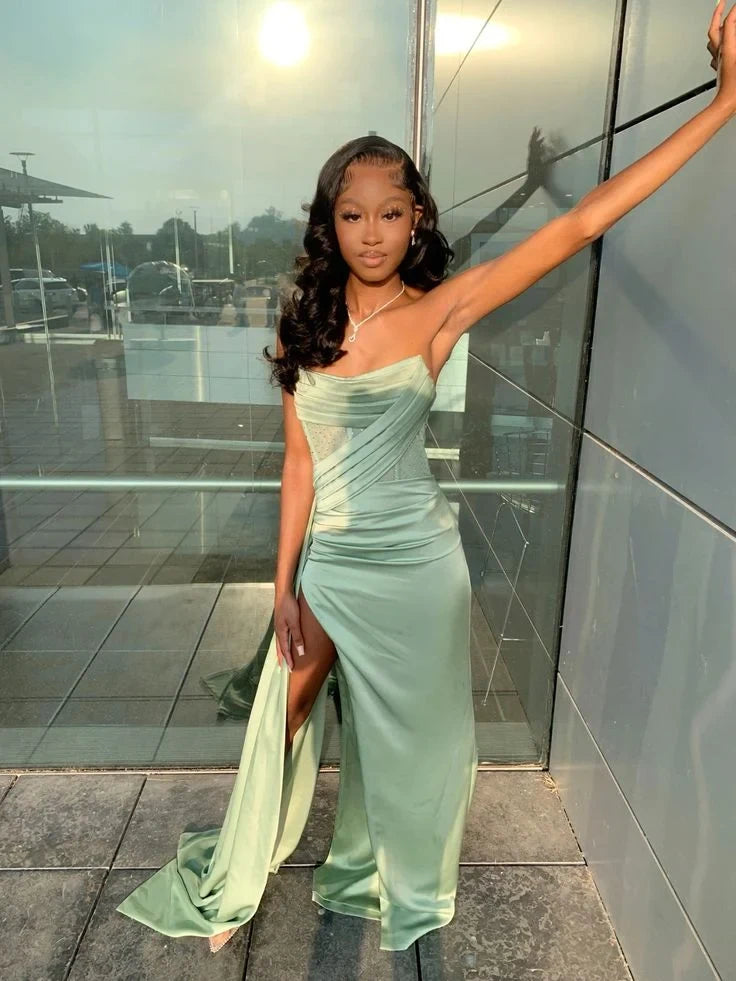 Elegant A-Line Strapless Ruched High-Slit Sage Green Floor-Length Evening Gown