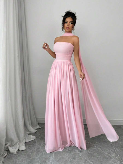 Elegant A-Line Strapless Ruched Pink Floor-Length Prom Dresses With Scarf