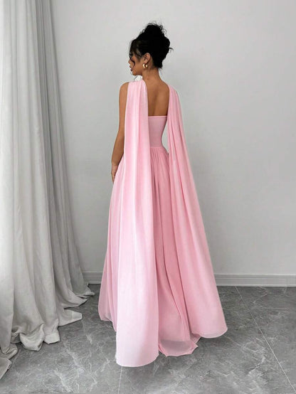 Elegant A-Line Strapless Ruched Pink Floor-Length Prom Dresses With Scarf