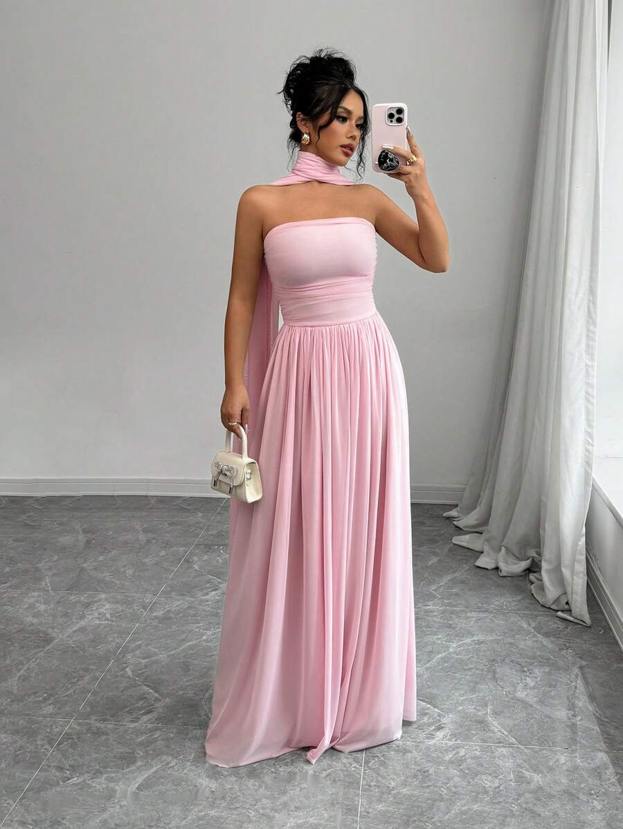 Elegant A-Line Strapless Ruched Pink Floor-Length Prom Dresses With Scarf