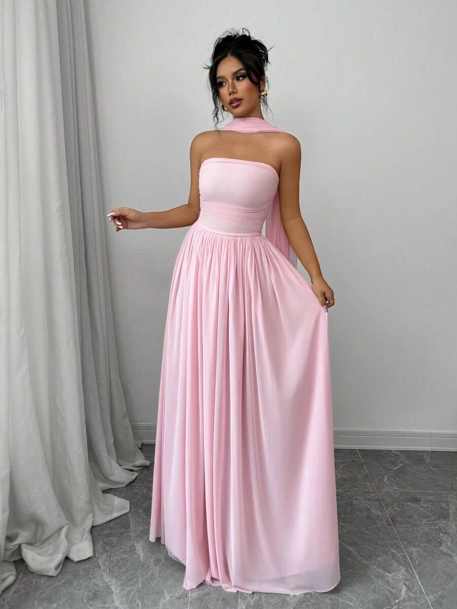 Elegant A-Line Strapless Ruched Pink Floor-Length Prom Dresses With Scarf