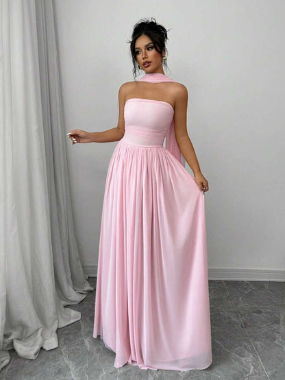 Elegant A-Line Strapless Ruched Pink Floor-Length Prom Dresses With Scarf