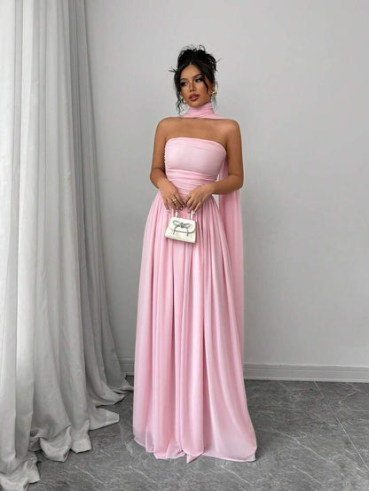 Elegant A-Line Strapless Ruched Pink Floor-Length Prom Dresses With Scarf