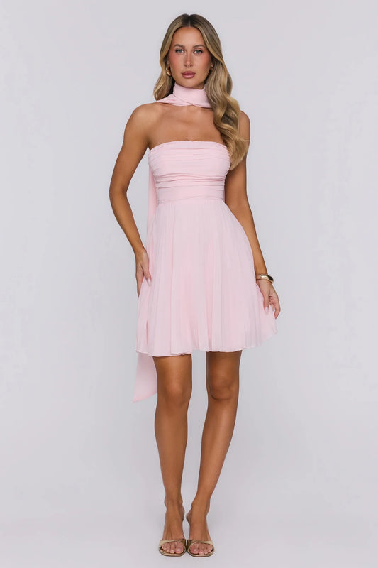 Elegant A-Line Strapless Ruched Pleated Light Pink Mini Homecoming Dress With Scarf