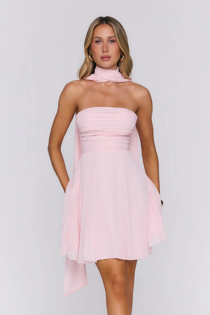 Elegant A-Line Strapless Ruched Pleated Light Pink Mini Homecoming Dress With Scarf