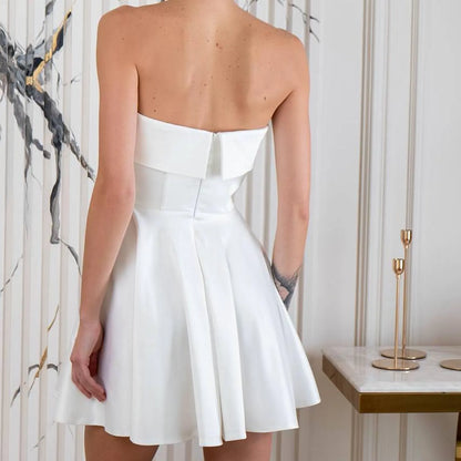 Elegant A-Line Strapless Ruffle Modern Satin White Short Homecoming Dress Handmade