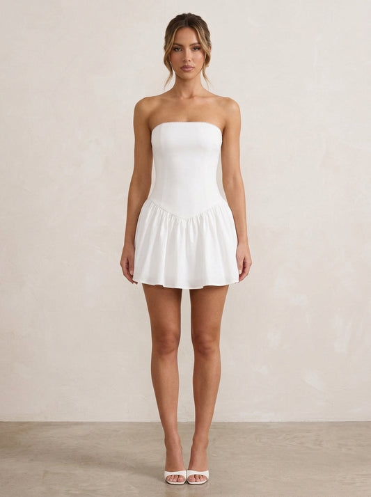 Elegant A-Line Strapless Ruffled White Mini Homecoming Dress Ready To Ship