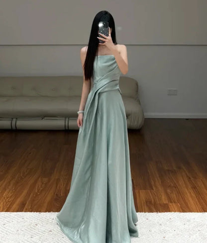 Elegant A-Line Strapless Sleeveless Draped Modern Sage Green Floor-Length Evening Dress