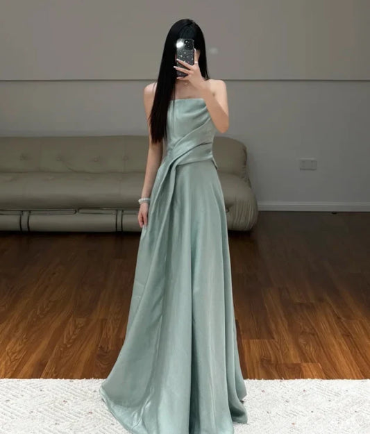 Elegant A-Line Strapless Sleeveless Draped Modern Sage Green Floor-Length Evening Dress