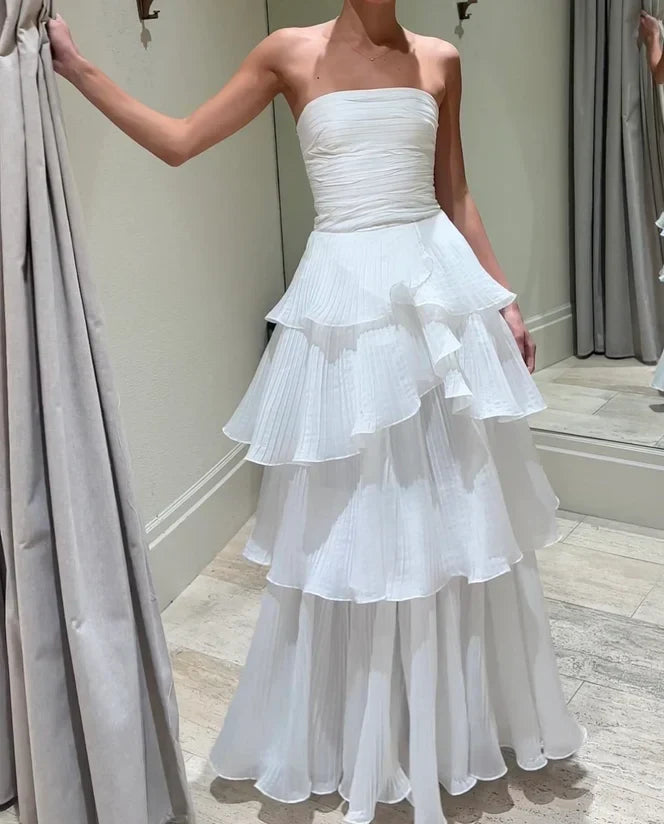 Elegant A-Line Strapless Sleeveless Ruched Tiered White Floor-Length Evening Dress Women's Gown