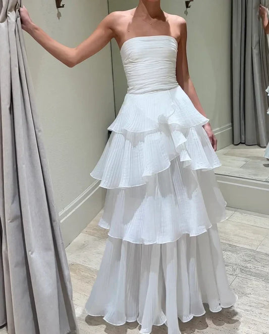 Elegant A-Line Strapless Sleeveless Ruched Tiered White Floor-Length Evening Dress Women's Gown