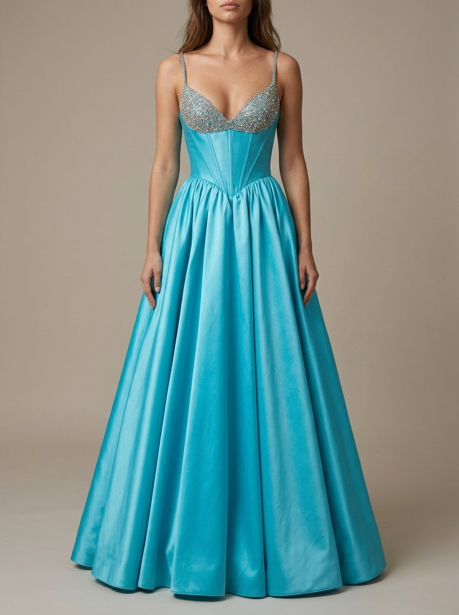 Elegant A-Line Sweetheart Beaded Corset Satin Turquoise Floor-Length Prom Dresses