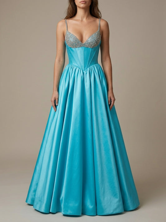 Elegant A-Line Sweetheart Beaded Corset Satin Turquoise Floor-Length Prom Dresses