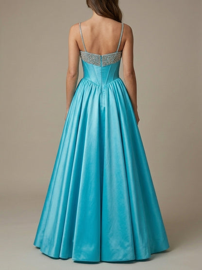 Elegant A-Line Sweetheart Beaded Corset Satin Turquoise Floor-Length Prom Dresses