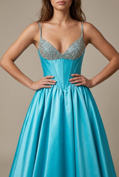Elegant A-Line Sweetheart Beaded Corset Satin Turquoise Floor-Length Prom Dresses