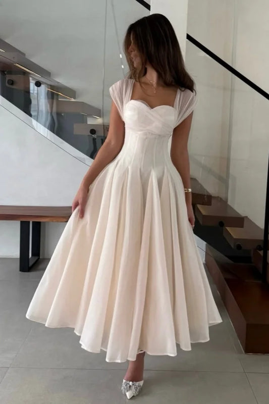 Elegant A-Line Sweetheart Cap Sleeve Lace Up Tea-Length Prom Dress