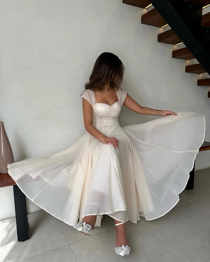 Elegant A-Line Sweetheart Cap Sleeve Lace Up Tea-Length Prom Dress