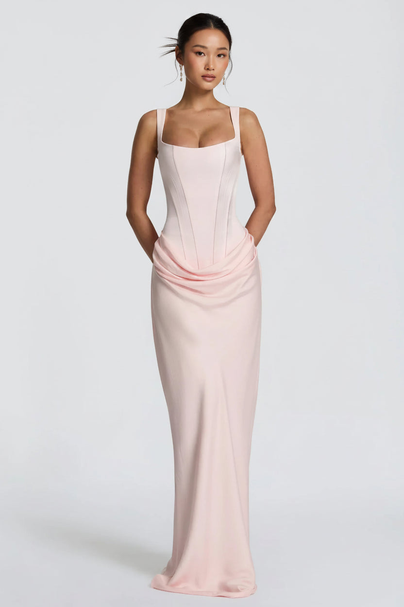 Elegant A-Line Sweetheart Corset Draped Blush Pink Floor-Length Prom Dress