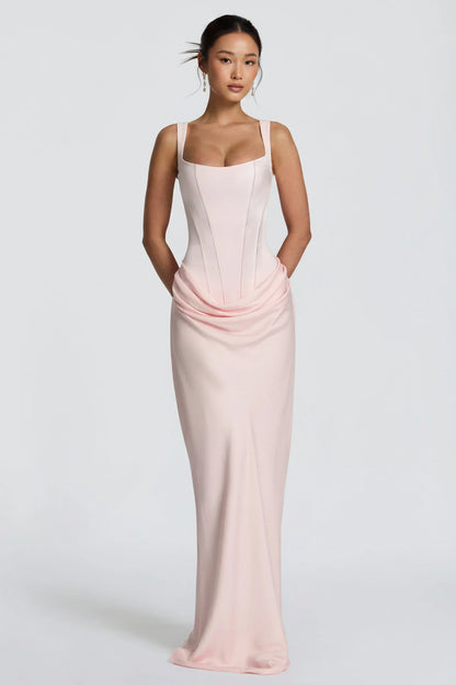 Elegant A-Line Sweetheart Corset Draped Blush Pink Floor-Length Prom Dress