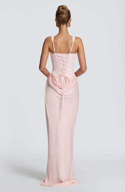 Elegant A-Line Sweetheart Corset Draped Blush Pink Floor-Length Prom Dress