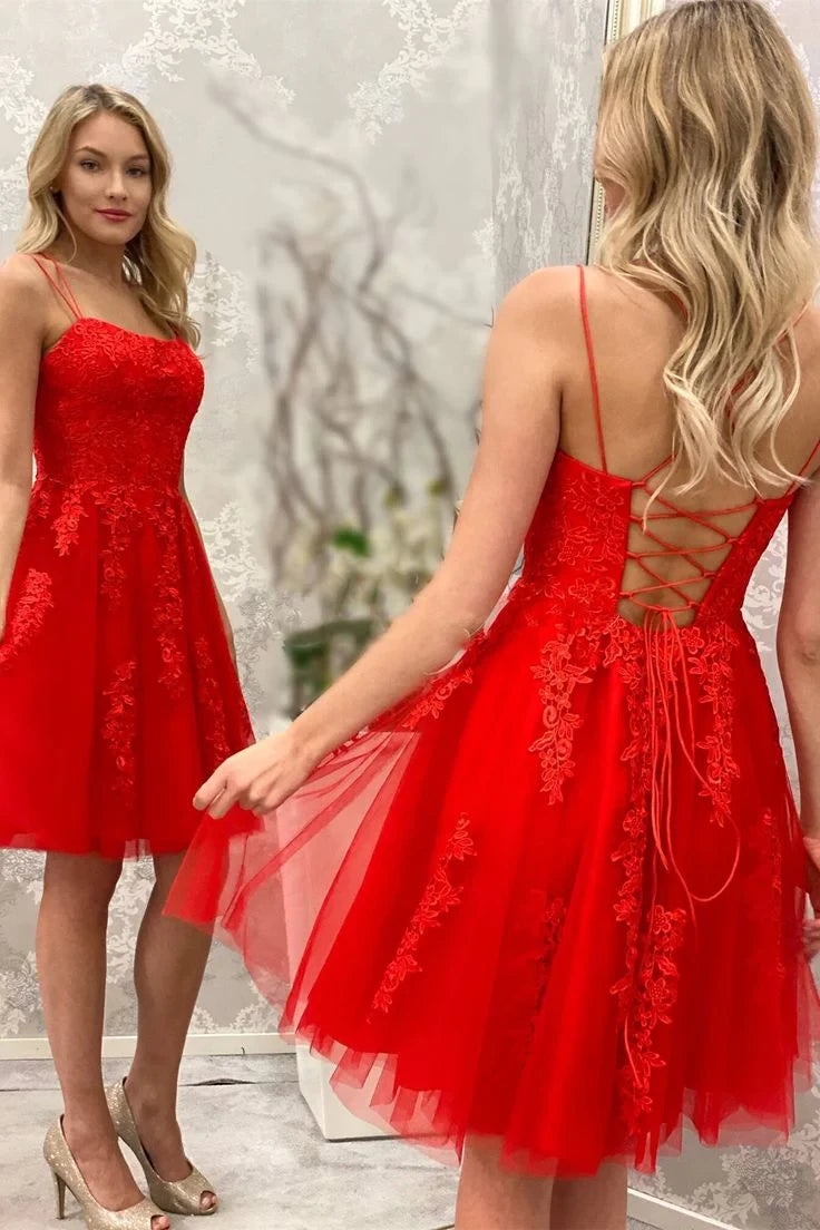 Elegant A-Line Sweetheart Corset Lace Applique Red Short Homecoming Dresses