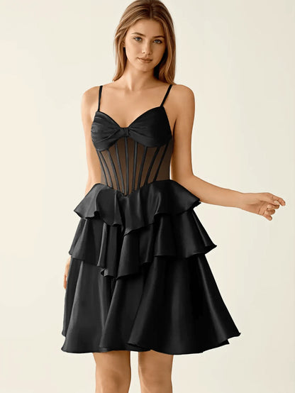 Elegant A-Line Sweetheart Corset Tiered Ruffle Satin Black Mini Homecoming Dress